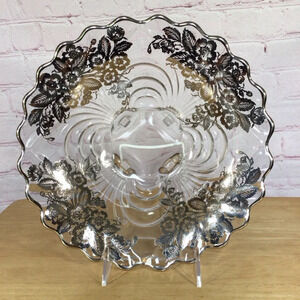 Vintage Silver City Floral Blossom Footed Glass Scalloped Bowl